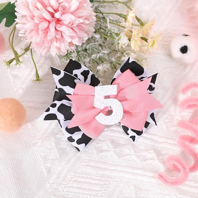 Cow Print Bow Headband for Baby Girl 5th Birthday Party Decorations, Pink Bow Headband, Farm Animal Themed Party Decor, Medium Sized, 1 Count