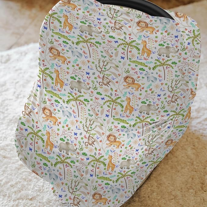 Boho Zoo Jungle Safari Car Seat Cover for Babies Zoo Animals Tropical Leaves Stretchy 5-in-1 Cover Adjustable Car Canopy Breastfeeding Cover Wildlife Adventure Breathable Nursing Cover-Up