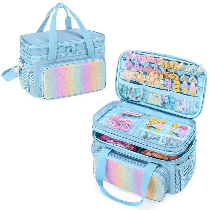 GRAOSO Hair Bow Organizer for Baby Girls, Double Layer Hair Accessories Storage Bag, Rainbow Sequins Design, with Handle and Detachable Shoulder Strap (Case only) (Blue)