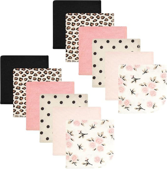 Hudson Baby Unisex Baby Flannel Cotton Washcloths, Neutral Pink Floral 12 Pack, One Size