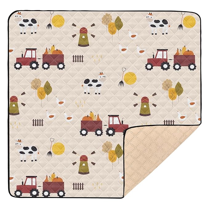 Baby Play Mat Cartoon Farm Cow Chicken Tractor 50 x 50 Playpen Mat Baby Play Mats for Floor Play Gym Crawling Mat Non-Slip Cushioned Baby Playmat for Infants, Babies, Toddlers