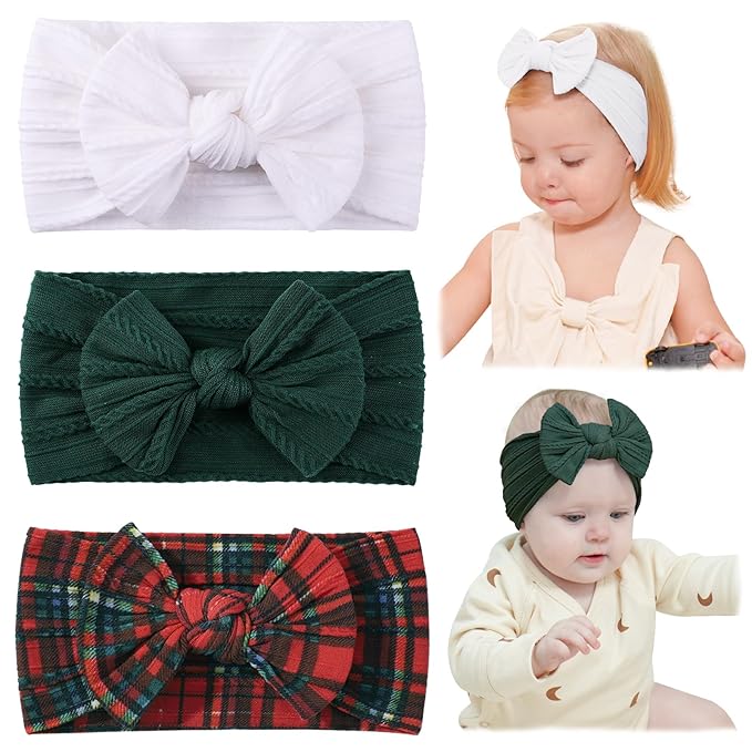 jollybows 3 PCS Baby Girls Headbands Soft Stretchy Nylon Hair Bows Handmade Bows for Baby Girls Infants Newborn Toddlers Kids - White, Dark Green, Christmas Red Grid