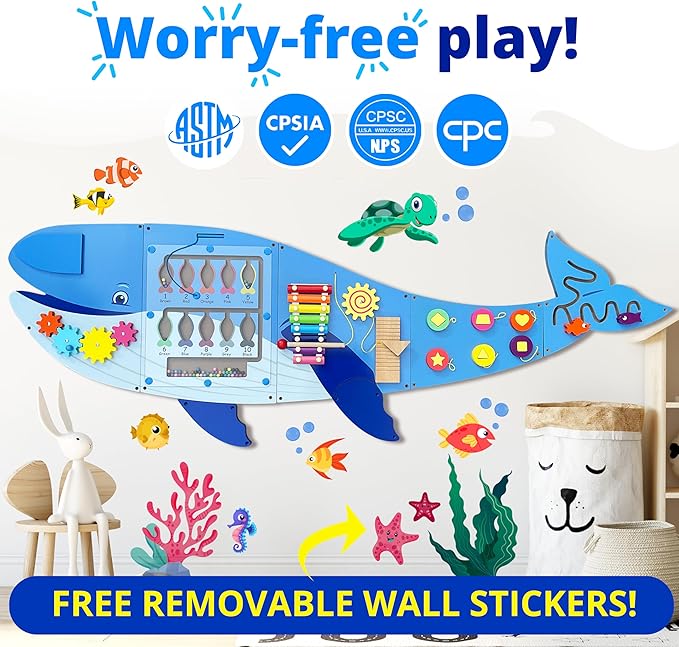 Molcey Sensory Wall Panel for Kids, Includes Removable Theme Stickers, Large Busy Board Wall Mounted Activity Board for Toddlers 1-3, Montessori Wall Toys Interactive Play Panel for Babies Ages 3-5