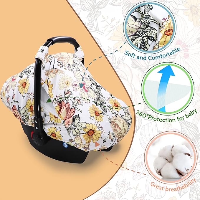 Floral Car Seat Insert,Cushion for Stroller, Swing, Bouncer, 2-in-1 Reversible, Floral Baby Car Seat Cover for Girl,Infant Carseat Canopy Sun Cover，Baby Carrier Cover with Zipped Peep Windows