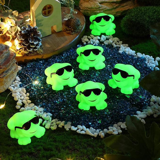 Halloscume 24 Pack Rubber Frogs Squeak and Floating Mini Glow in The Dark Frogs with Glasses Cute Swimming Bathtub Toy for Spring Party Favor