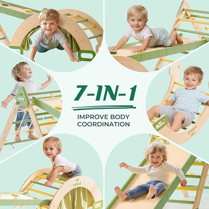 ROBUD 7 in 1 Pikler Triangle Set, Foldable Wooden Climbing Toys for Toddlers, Montessori Foldable Climbing Set with Rope Net, Ramp and Arch Climber for Girls & Boys