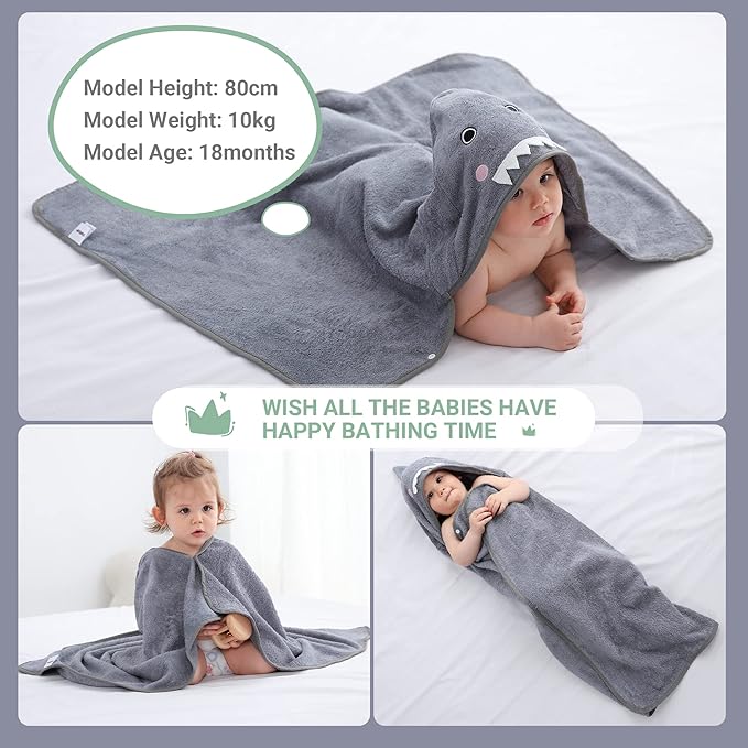 MICHLEY Bamboo Viscose Baby Hooded Bath Towel for 0-5 Years Boys and Girls, 29.5 x 39.5 Inch Ultra-Soft and Quick-drying Infant Bath(Shark)