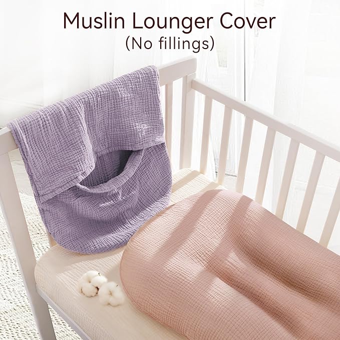 Muslin Baby Lounger Cover 2 Pack, Cotton Soft Breathable Infant Nest Slipcovers, Envelope Closure, Compatible with Snuggle Me Loungers, Machine Washable, Cover Only, for Girls Boys(Pink & Purple)