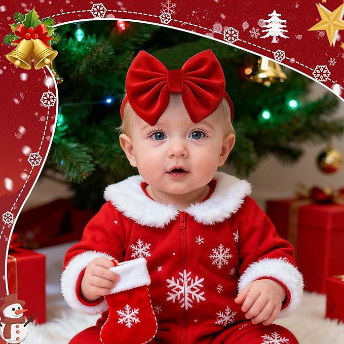 4 Pcs Velvet Baby Bow Headbands, Christmas Newborn Headband Bows Nylon Handmade Hair Accessories for Baby Infants Toddlers Child