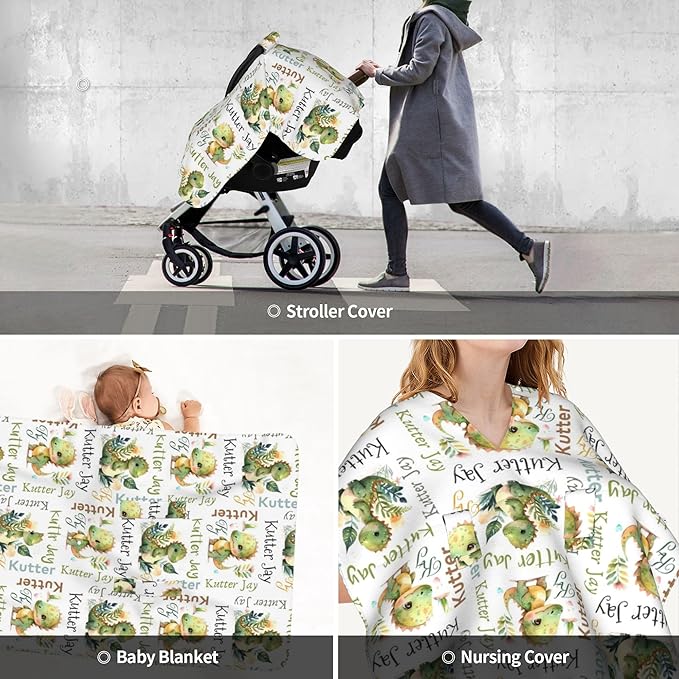 Personalized Winter Carseat Cover for Baby Custom Name Dino Car Seat Canopy for Newborn Baby Boys Girls 2 in 1 Mom Nursing Breastfeeding Covers Dinosaur Minky Baby Carrier Stroller Covers