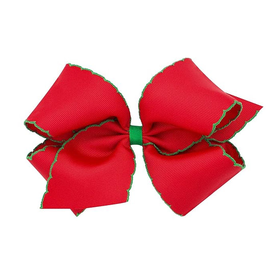Wee Ones Girls' Classic Grosgrain Moonstitch Edge Hair Bow, No-Slip Hair Clip, Handmade, Red with Green, King