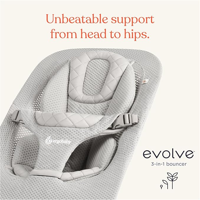 Ergobaby Evolve 3-in-1 Mesh Baby Bouncer Seat, Adjustable Multi-Position Infant Bouncer and Toddler Chair, Breathable Mesh, Converts from Newborn to Toddler - Grey