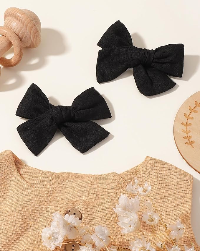 Jollybows 2pcs 3.2" Hair Bows Clips for Baby Girl Toddler Pigtail Neutral Linen Hair Clip Bows -Black