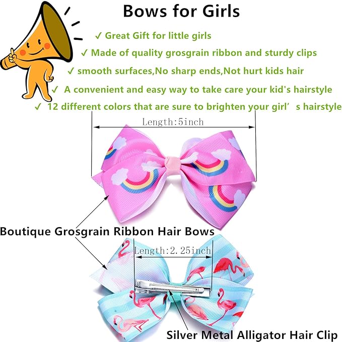 Eyegla Hair Bows For Girls 5 Inch Bow Hair Clips Girl Hair Bows For Hair Grosgrain Ribbon Hair Accessories Pack of 12 Color