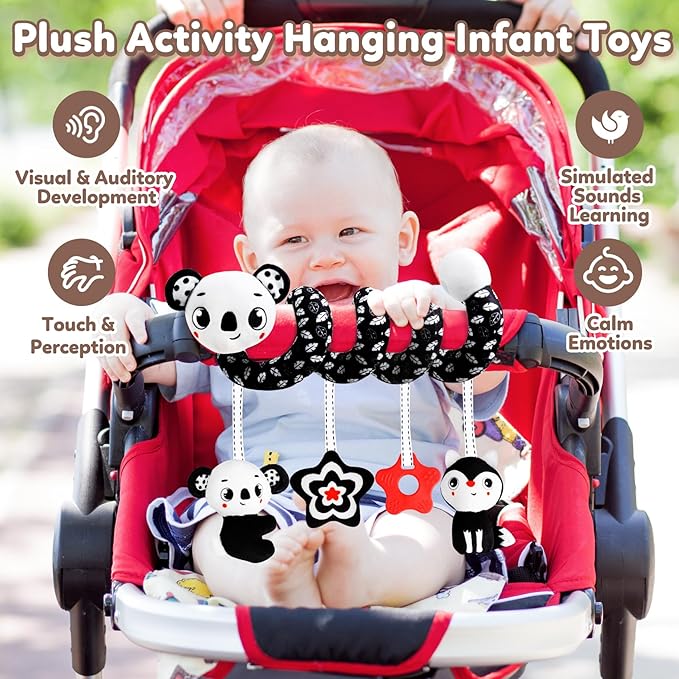 GKDOMS Baby Carseat Toy Black & White Rattle Spiral Hanging Activity Stroller Toy for Newborns Boys and Girls - Koala