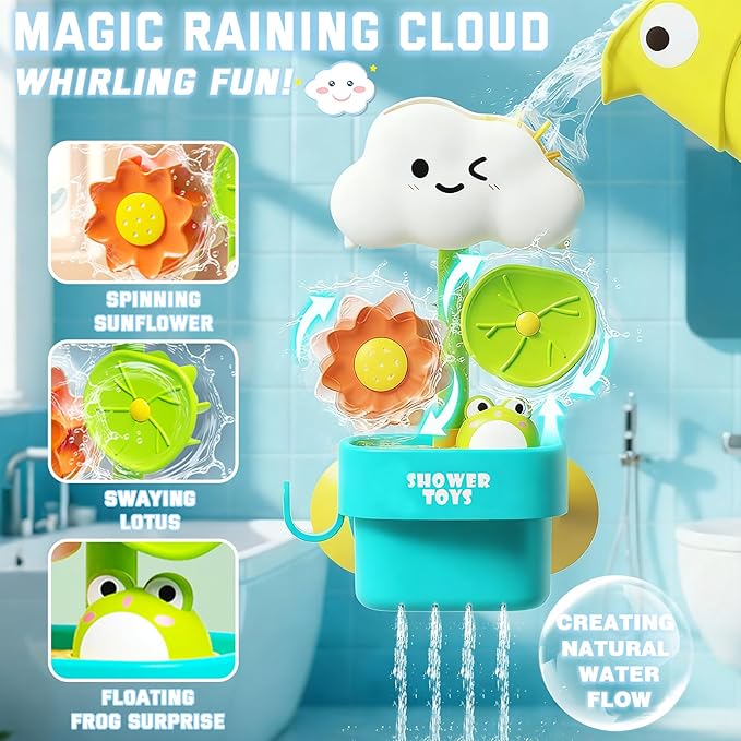 Bath Toys for Toddlers 1-3, Cloud Rain Watering Toy with Rising Frog & Spinning Lotus - Interactive Sensory Play for Bathtub, Educational Gift for Baby Boys Girls 18M+