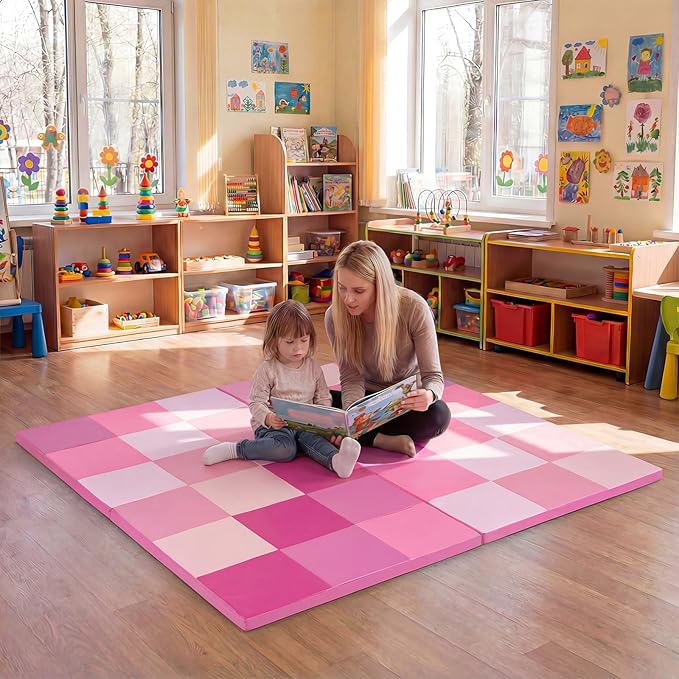 Costzon Toddler Foam Play Mat, Foldable Pink Baby Crawling Mats 58-Inch Square Soft Non Skid Daycare Floor Mat, Thicken Waterproof Memory Activity Play Mat for Home, School, Kindergarten or Nursery
