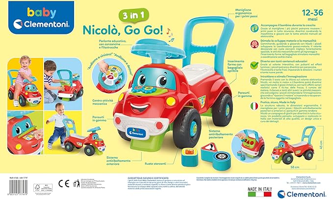 Clementoni - 17747 - Nicolò Go Go 3 in 1 - Ride-on Machine, Talking Educational Electronics, First Steps, Lights and Sounds, Children's Game 1 Year Old - Made in Italy