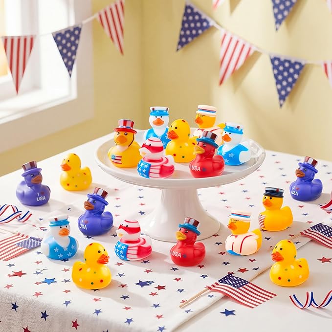 JOYIN 24 Pcs Patriotic Rubber Ducks, Red White Blue 4th of July Bulk Ducks with 8 Patriotic Designs, Independence Day Party Favor Gift Bath Toys for Kids Toddlers