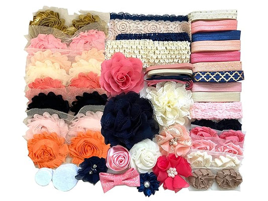Navy and Peach Hairband Kit - Makes 30 Headbands, Baby Shower Headband Station, DIY Headband Kit with Over 30 Flowers, Elastic, Embellishments - 1 Count