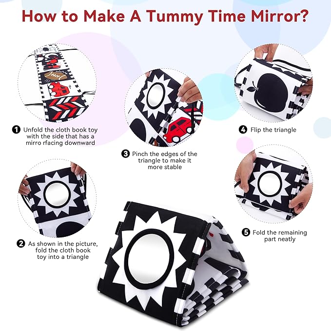 Yeeeasy Tummy Time Baby Toys for Newborn 0-6 Months, Double-Sided High Contrast Black and White Baby Book with Mirror, Montessori Sensory Crinkle Soft Toys for Infant Brain Development 0-12 Months