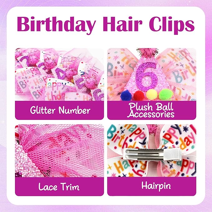 6th Birthday Hair Bow for Girls, Hot Pink Hair Clips Hair Accessories for Girls 1 2 3 4 5 6 Years Birthday Party Supplies Decorations