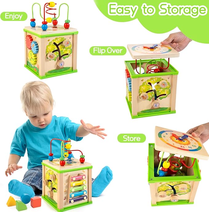 WOODMAM Wooden 7-in-1 Activity Cube| Montessori Toys for 1 2 3 Year Old Toddlers| Baby Educational Developmental Toys |One Year Old Boys Girls First Birthday Gifts |Bonus Sorting & Stacking Board