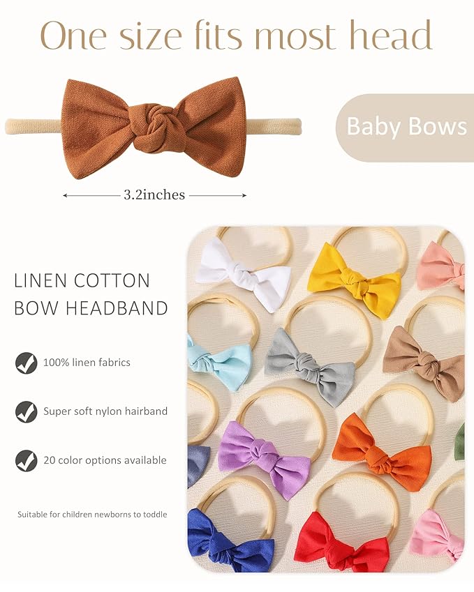jollybows 20PCS 3.2" Baby Girls Linen Headbands Hair Bows Stretchy Nylon Hairbands for Newborn Infant Toddler Hair Accessories