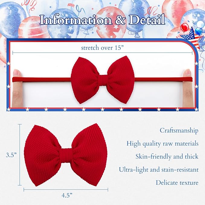 YanJie 4th of July Headband for Baby Girls and Toddlers - Red, White, and Blue Nylon Bows Accessories