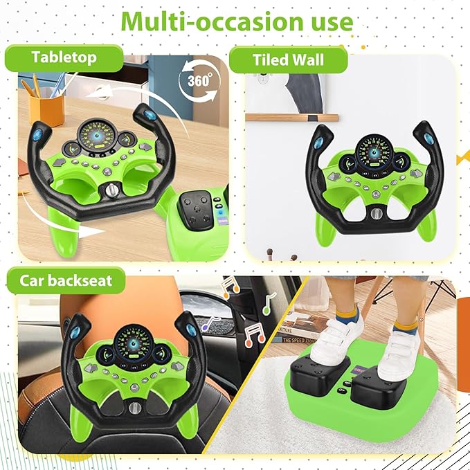 RedCrab Steering Wheels with Brake and Gas Pedals Toy for Kids,Pretend Driving Seat Toys with Light and Music,Simulated Driving for Toddlers,Baby Electric Early Learning Educational Toys (Green)