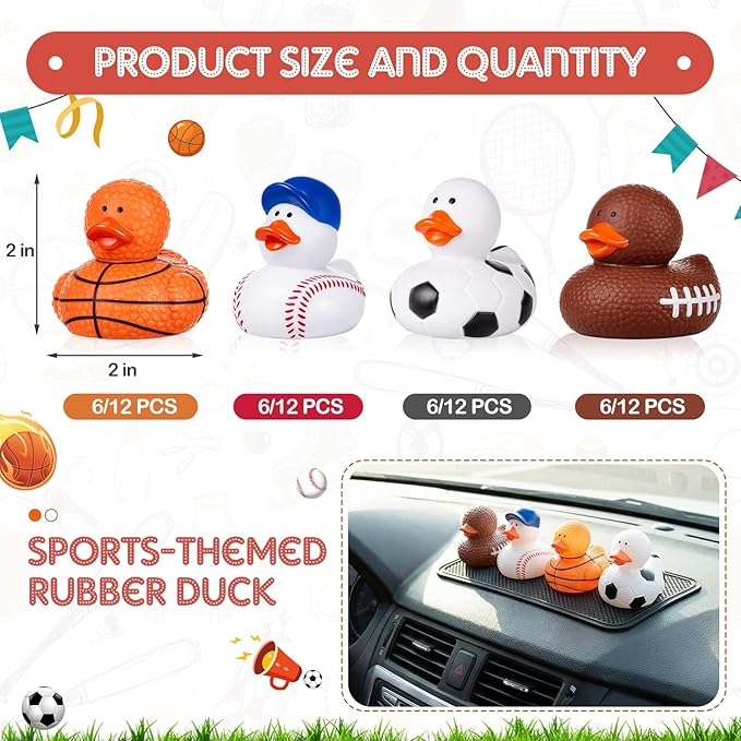 Deekin 24 Pcs Rubber Ducks 2 Inch Bulk Sport Party Favors for Team Events Decorations Birthday Party Supplies Club Player Gift (Basketball,Football,Soccer,Baseball)