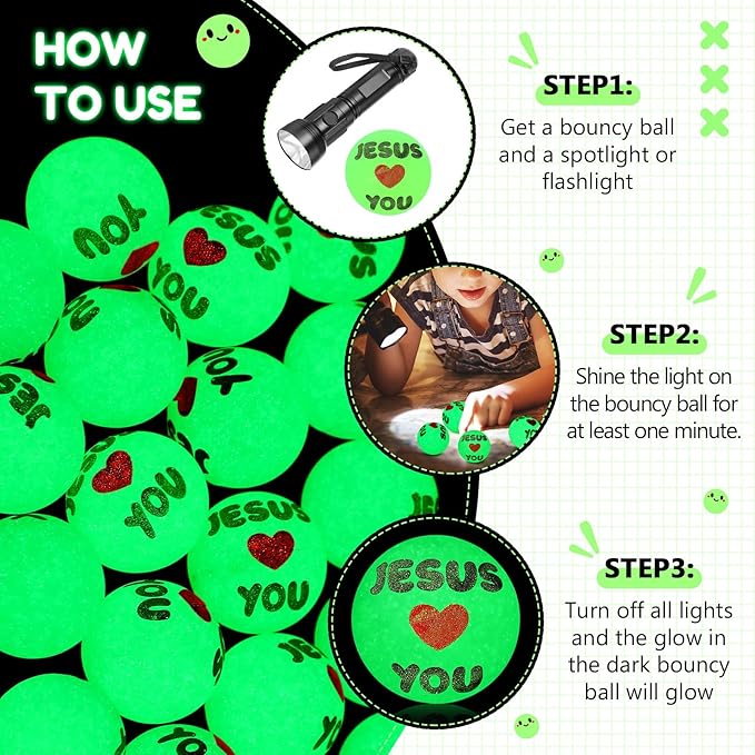 Seenelling 24 Pcs Christian Glow in the Dark Bouncy Balls Easter Jesus Bible Verse Rubber High Bouncing Balls Christian Party Favor Religious Classroom Gifts (Jesus,Green)