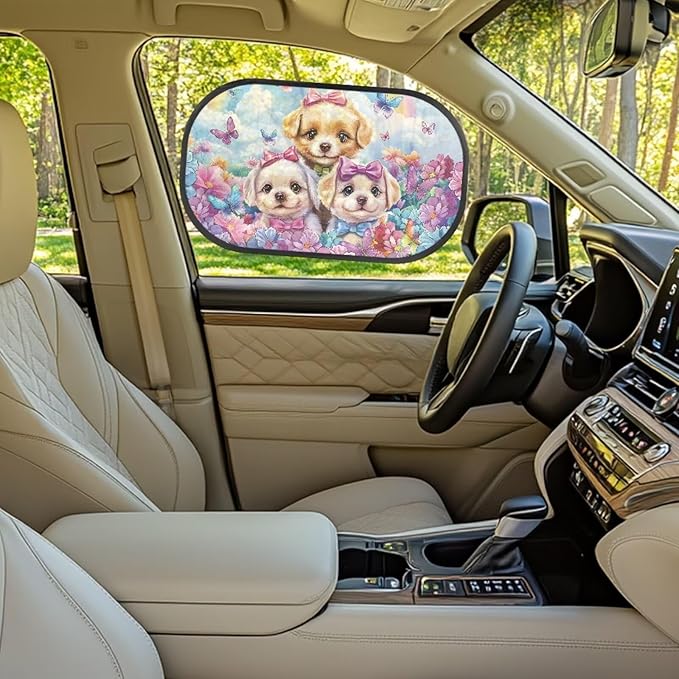 Bulopur 2 PCS Car Window Shades for Side Window UV Protection Floral Dog Puppy Side Window Sunshade Easy to Install Mesh Car Windshield Covers Universal Auto Interior Accessories Decoration