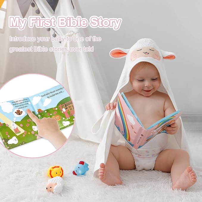 MyMateZoe My First Noahs Ark 7 pcs Baptism Gift Set, Dedication, Christening and Baptism Gifts for Girl and Newborn Baby, Includes Washcloth and Hooded Towel,Baby Bath Book, 3 Bath Toys and Gift Bag