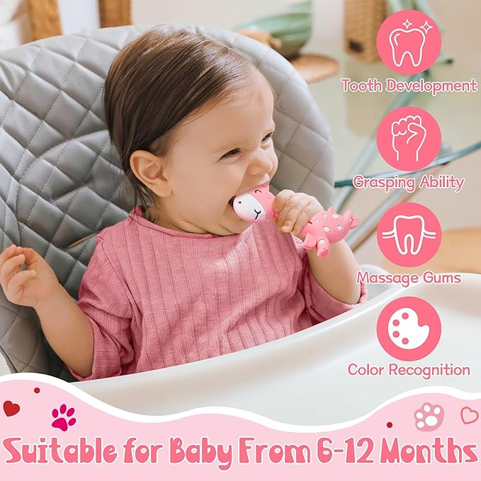 Valentine Silicone Teether for Babies - 2ooya 3Pcs Pink Cat Fox Giraffe Infant Teething Chew Toys, Easy to Grasp Toddler Sore Gums Pain Relief Toy for Newborn Boy Girl Baby Shower Valentine's Day Gift