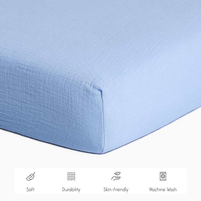 Meracorallo Muslin Mini Crib Sheet, Pack n Play Fitted Sheet, Soft and Breathable Pack and Play Playard Mattress Sheet for Baby Boys and Girls, Sky Blue
