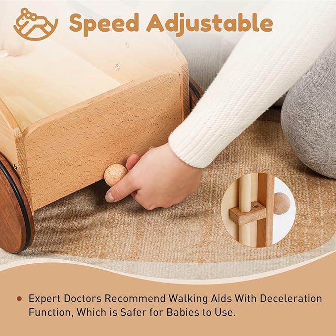 Woodtoe Wooden Baby Walker for Toddlers, Adjustable Speed Push Toys for Babies Learning to Walk, with Wooden Building Blocks Set for Kids, 24 PCS Rainbow Gem Cubes Stacking Blocks