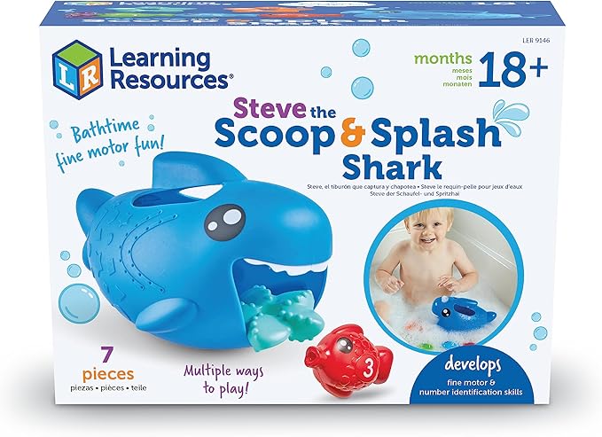 Learning Resources Steve the Scoop & Splash Shark, 7 Pieces, Ages 18 Months+, Toddler Bathtub Toys, Pool Activities for Boys and Girls, Water Games