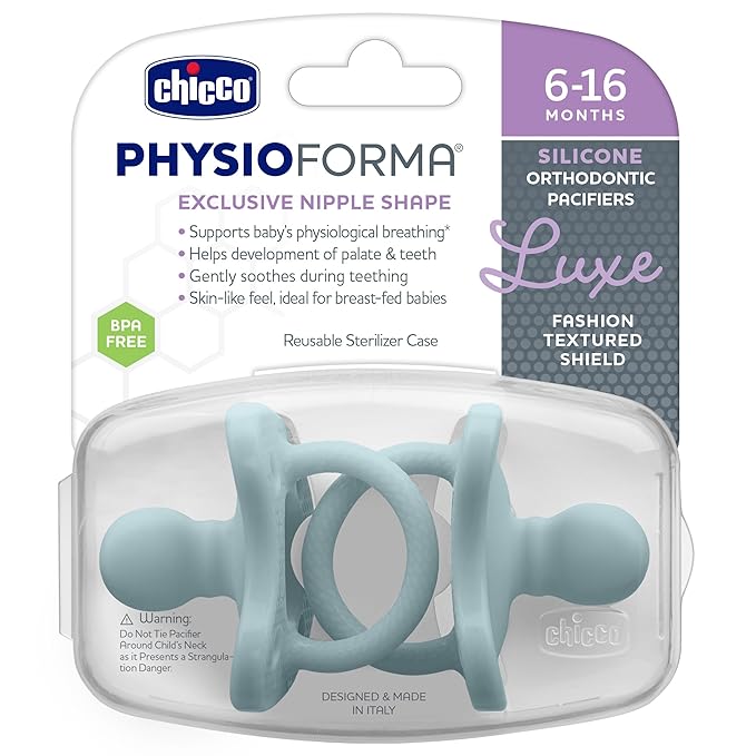 Chicco PhysioForma Luxe Orthodontic Pacifier for Babies 6-16 Months, One-Piece 100% Soft Silicone, Supports Breathing, Textured Shield & Handle, Sterilizing Case, BPA Free, 2-Pack, Coastal Blue