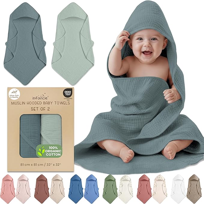 100% Organic Cotton Muslin Baby Hooded Towels - 32x32 Inch, 2 Pack Newborn Bath Towels for Boys & Girls, Soft & Absorbent Bath Set (Green/Mint Green)