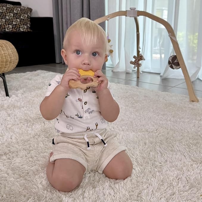 Baby Must Haves – Baby Teething Toys and Teether for Soothing Relief – Perfect for Teething Toys 3-6 Months and Shower Gifts – Soft, BPA-Free, Ergonomic Dinosaur Wood Design.