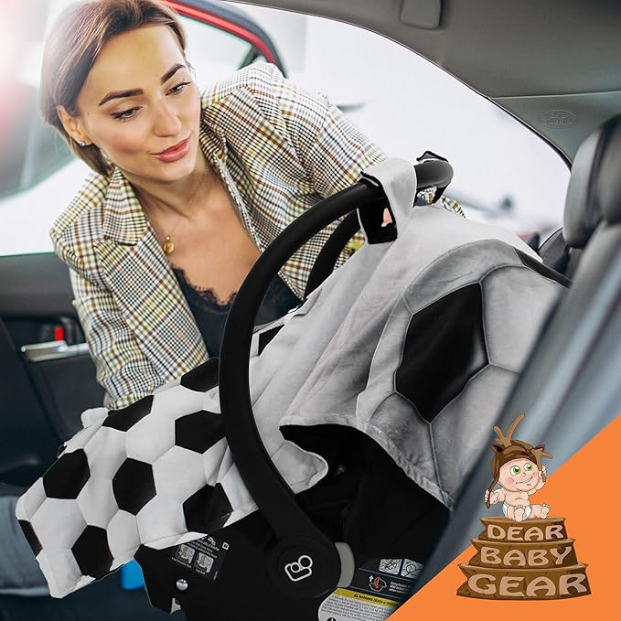 Dear Baby Gear Car Seat Canopy, Soccer Ball and Soccer Pattern on White, Black Lightweight Double Layer Dot