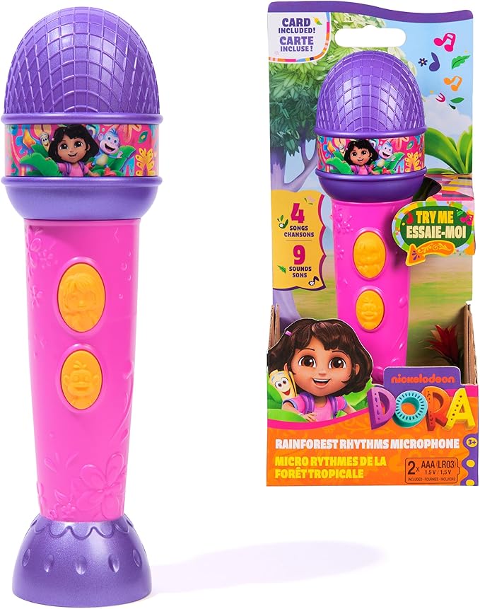 Dora, Rainforest Rhythms Microphone with Music, Sound Fx & Bilingual Phrases, Kids Toys for Girls & Boys Ages 3 and Up