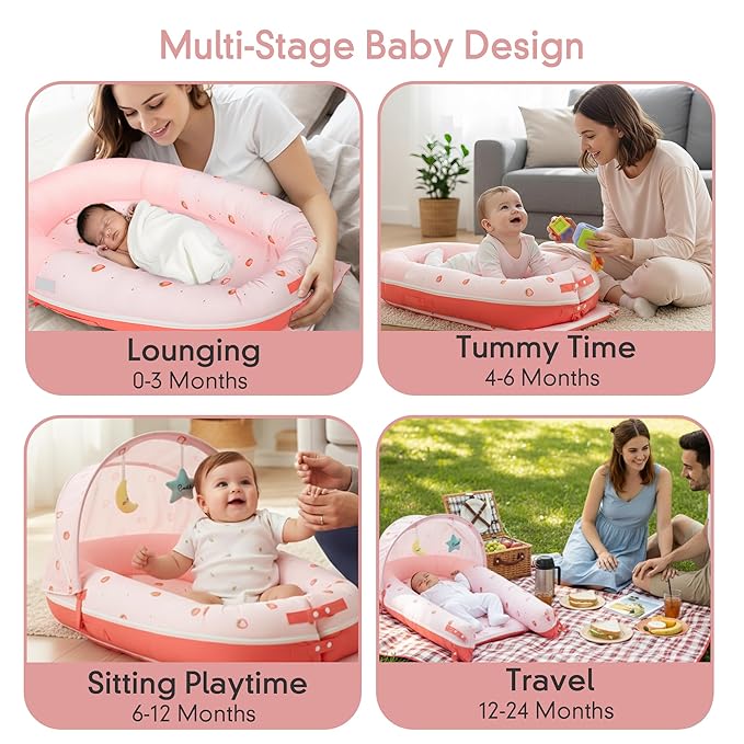 JollyBoo® Deluxe Infant Lounger Pillow - Baby Lounger 0-24 Months | Bamboo-Cotton Portable Baby Nest with Foldable Sunshade & 2 Plush Toys | Soft, Breathable Mesh for Cool, Safe Rest (Strawberry)