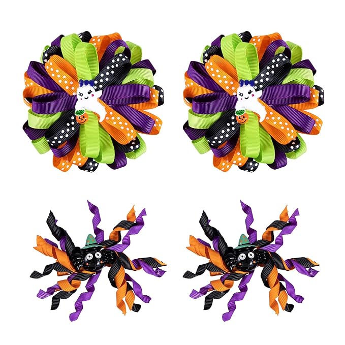 Halloween Korker Hair Bow Clips for Girls Women Cute Spider Ghost Pumpkin Curly Corker Ribbon Cheer Bow Alligator Barrette Holiday Dress up outfit Decor Accessory Birthday Gift