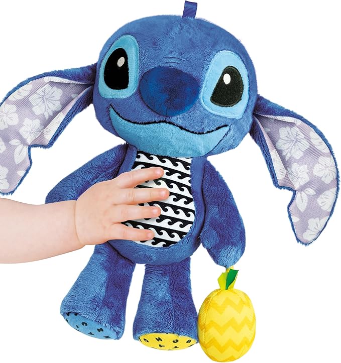 Clementoni Disney Stitch First Activity Plush, Interactive Hanging Toy with Sound Effects and Various Materials, Washable, Promotes Sensory Skills, from 3 Months
