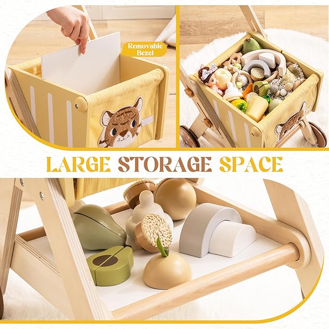 ROBOTIME Baby Walkers for Boys, Wooden Shopping Cart Toy for Toddler Kids, Height-Adjustable Wooden Push Walker, Sit to Stand Walker for Baby Learning to Walk