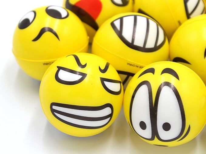 Set of 12 - Fun Face Stress Balls Cute Hand Wrist Stress Reliefs Squeeze Balls for Kids and Adults at School or Office Party Favors (Yellow Color Random Faces) (Classic)