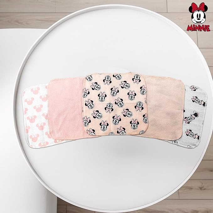 Cudlie Accessories Disney Baby Minnie Mouse Hooded Towel with 5 Piece Washcloth Set (Pink)