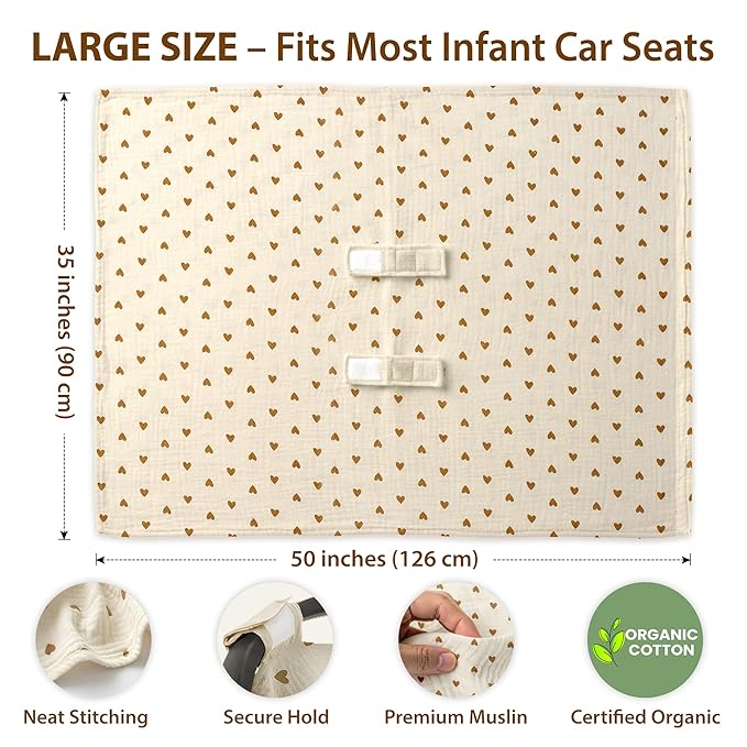 100% Organic Muslin Cotton Car Seat Cover 35 x 50 Inches Soft Touch Breathable Canopy, Protective Car Seat Cover Baby All Seasons Lightweight Car Seat Cover Travel Comfort (Beige Hearts)